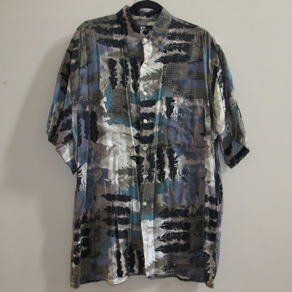 Vtg 80-90s AGGIO Abstract Art Feather Print Rayon Camp Shirt Mens sz M Korea